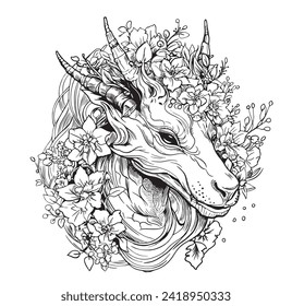 Cute dragon with flowers. Isolated on a white background. Outlined for coloring book. Sketch for a tattoo.