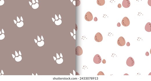 Cute dragon footprint and dragon eggs pattern set. Kids collection. Vector illustration. For wallpaper, textile, fabric, prints design, wrapping paper