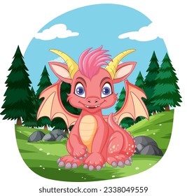 Cute Dragon in the Forest Scene illustration