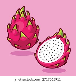 Cute Dragon Fruit Cartoon Vector with Whole and Sliced Pitaya in Clean Outline Style
