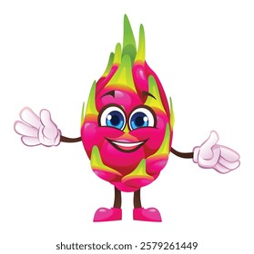 Cute dragon fruit character with open arms, welcoming and cheerful. Vector cartoon illustration