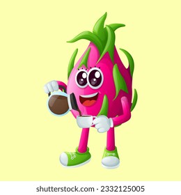 Cute dragon fruit character pouring coffee. Perfect for kids, merchandise and sticker, banner promotion or blog
