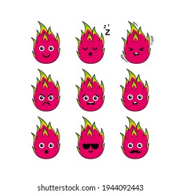 Cute dragon fruit character set illustration design, collection of cute dragon fruit emoji template vector