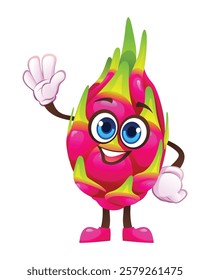 Cute dragon fruit character waving happily. Vector cartoon illustration