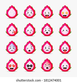Cute dragon fruit with emoticons set
