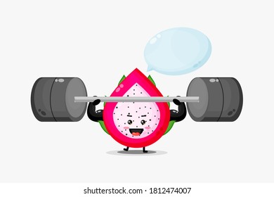 Cute dragon fruit mascot raises a barbell