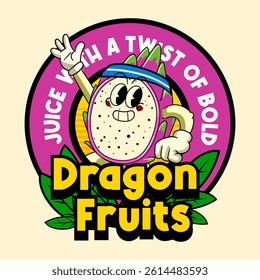 Cute Dragon Fruit Tropical Cartoon Character in Retro Vintage Style