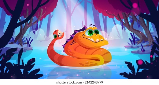 Cute dragon, funny orange monster in swamp. Vector cartoon fairy tale illustration of jungle landscape and fantastic alien animal, magic creature with teeth on tail