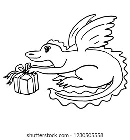 Cute dragon with gift box, bow, ribbons. Pretty cartoon character for birthday cards, holidays prints, posters, decorations, coloring book pages. Fantastic beast, personage, fantasy illustration.