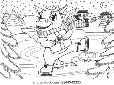Cute dragon and gift box slides ice skating vector illustration  Funny dragon in scarf and present box slides winter skate in the forest background vector outline  Christmas coloring page