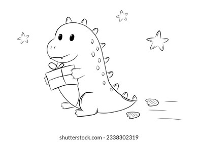 Cute Dragon with a Gift Left Footprints Coloring Book Simple Vector Illustration