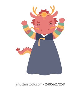 Cute dragon girl in traditional Korean clothes hanbok character illustration. Hand drawn cartoon vector illustration. Flat style design. Seollal holiday card, poster, banner element