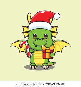 Cute dragon holding christmas candy and gift. Cute christmas cartoon character illustration. 