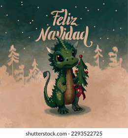 cute dragon holding a christmas tree in his hands