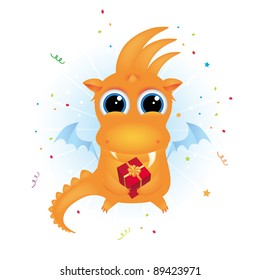 Cute dragon holding a gift