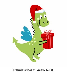 Cute dragon is holding gift. Symbol of 2024 new year according to Eastern calendar. Doodle style illustration. Cartoon sticker.