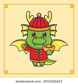 Cute dragon holding gold money in chinese new year. 