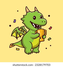 Cute Dragon Holding Gold Trophy Cartoon Vector Icon Illustration. Animal Education Icon Concept Isolated Premium Vector. Flat Cartoon Style