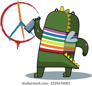 Cute dragon holding a paint roller. Vector cartoon illustration.
