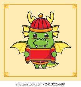 Cute dragon holding red banner in chinese new year. 
