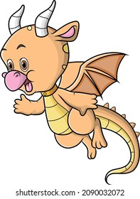 The cute dragon with the horn is flying and waving the hand of illustration
