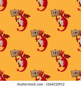 Cute dragon isolated on yellow background vector seamless pattern