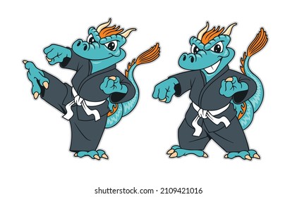 Cute dragon in kimono, vector illustration. Karate or kung fu team mascot.