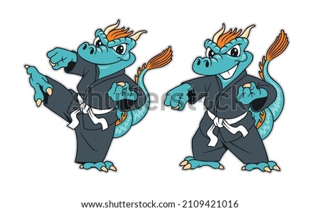 Cute dragon in kimono, vector illustration. Karate or kung fu team mascot.