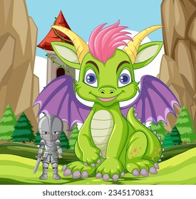 Cute Dragon with Knight in Cartoon Style illustration