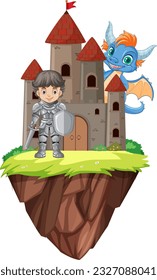 Cute Dragon with Knight and Castle illustration