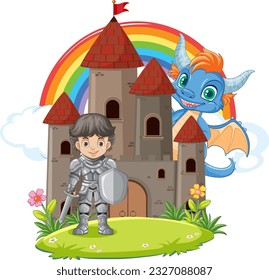 Cute Dragon with Knight and Castle illustration