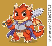 Cute Dragon Knight Character Holding Sword in Armor and Cape, Fantasy Warrior Mascot Flat Illustration for Game Asset, Children Book, and Adventure Sticker Design