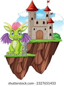 Cute Dragon with Knight Standing in Front of Castle illustration