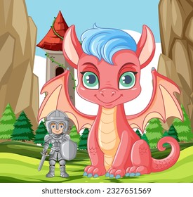 Cute Dragon with Knight Standing in Front of Castle illustration