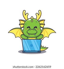 Cute dragon with laptop cartoon vector illustration. Vector cartoon Illustration suitable for poster, brochure, web, mascot, sticker, logo and icon.