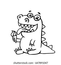 Cute dragon licks plombir. Vector illustration. Funny cartoon character.