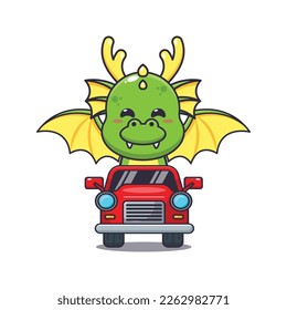 Cute dragon mascot cartoon character ride on car. Vector cartoon Illustration suitable for poster, brochure, web, mascot, sticker, logo and icon.