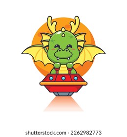 Cute dragon mascot cartoon character fly with ufo. Vector cartoon Illustration suitable for poster, brochure, web, mascot, sticker, logo and icon.
