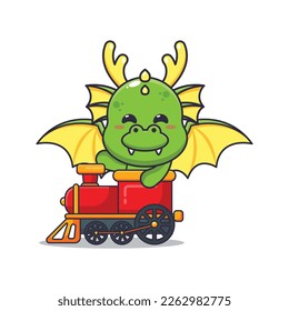 Cute dragon mascot cartoon character ride on train. Vector cartoon Illustration suitable for poster, brochure, web, mascot, sticker, logo and icon.