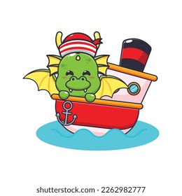 Cute dragon mascot cartoon character on the ship. Vector cartoon Illustration suitable for poster, brochure, web, mascot, sticker, logo and icon.