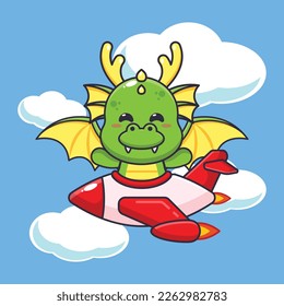 Cute dragon mascot cartoon character ride on plane jet. Vector cartoon Illustration suitable for poster, brochure, web, mascot, sticker, logo and icon.