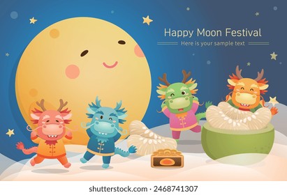 Lindo dragón mascota celebrando el cartel chino del festival de mediados de otoño con luna llena y pomelo con pasteles de luna