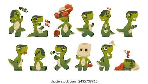 Cute dragon mascot. Funny prehistoric cartoon reptile characters with different emotions, adorable kawaii mythological fantasy creatures. Vector isolated set of animal dinosaur illustration