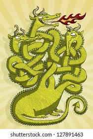 Cute Dragon Maze Game for children. Task: which head is blowing fire? Solution: neck on the right! Illustration is in eps10 vector mode!