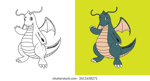 cute dragon monster vector, kids coloring book. Coloring book with cute cartoon dragon pictures. Vector illustration with colored background.