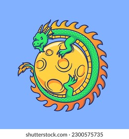Cute Dragon With Moon Cartoon Vector Icon Illustration. Animal Nature Icon Concept Isolated Premium Vector. Flat Cartoon Style
