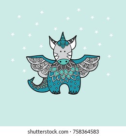 Cute dragon multi-colored vector illustration on a pale green background with stars.