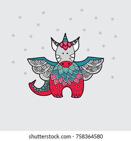 Cute dragon multi-coloured red and green vector illustration on a pale grey background with stars.