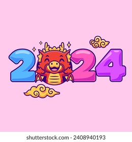 Cute Dragon New Year 2024 Cartoon Vector Icon Illustration. Animal Holiday Icon Concept Isolated Premium Vector. Flat Cartoon Style