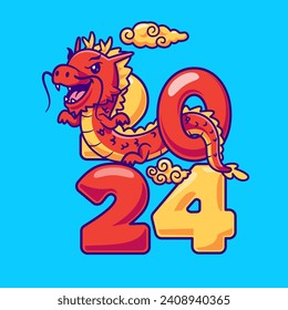 Cute Dragon New Year 2024 Cartoon Vector Icon Illustration. Animal Holiday Icon Concept Isolated Premium Vector. Flat Cartoon Style